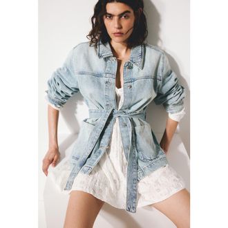 H&M Tie-belt denim jacket in Light Denim Blue at Nordstrom, Size Xx-Large