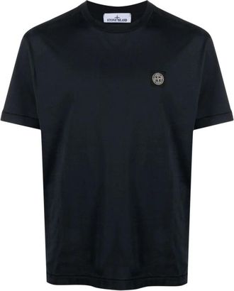 Stone Island Blauw Slim Fit T-shirt met Logo Patch - Heren - T-shirts - Blauw - XL - Katoen - Tops