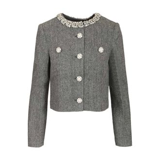 Self Portrait Herringbone Crystal Trim Jacket - female - Self Portrait - Cardigans - Gray - 2XS - Knitwear