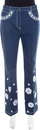 Escada Dark Blue Cotton Stretch Denim Embroidered Floral Motif Flared Jeans