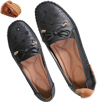Generic Orthopedic Leather Shoes, Lightweight Anti-Slip Breathable for Women Dressy Slip-On Bow-Knot Flats Loafers Moccasins (6.5,Black)
