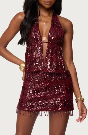 Edikted Dalis Fringe Sequin Halter Top in Burgundy at Nordstrom, Size X-Large