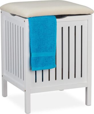 Relaxdays Relaxdays - Laundry Basket with Seat, Country Style, Laundry Bin, Wood & Fabric, Bathroom Stool HxWxD: 55x41x41 cm, White