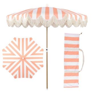 Jonathan Y Designs Mariner 6.5 ft. Classic Cottage Fringe Tassel Market Beach Umbrella with Push Button Tilt in Coral Pink - Light Brown Pole at Nordstrom