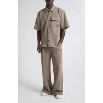 Amiri Logo Patch Short Sleeve Stretch Cady Button-Up Shirt in Dark Sand at Nordstrom, Size Xxx-Large