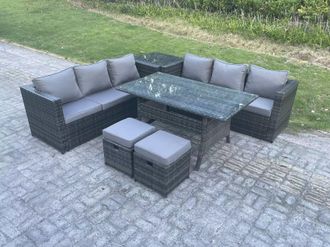 Fimous Outdoor Garden Furniture Set Patio Rattan Rectangular Table Lounge Sofa 8 Seater in Dark Grey
