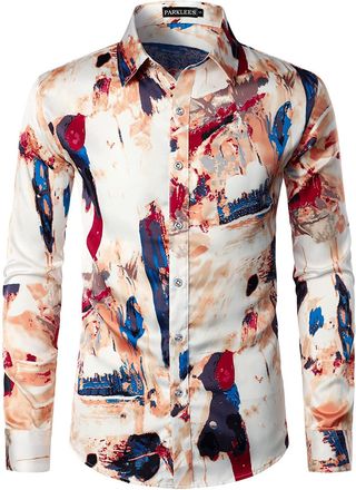 PARKLEES Mens Hipster Silk Printed Slim Fit Long Sleeve Button Up Satin Dress Shirts Beige XXL