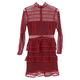 Self Portrait Lace Detail Mini Long Sleeve Dress in Burgundy Polyester