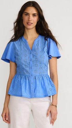 Lands End Short Sleeve Mixed Media Eyelet Top in Crisp Blue at Nordstrom, Size X-Large