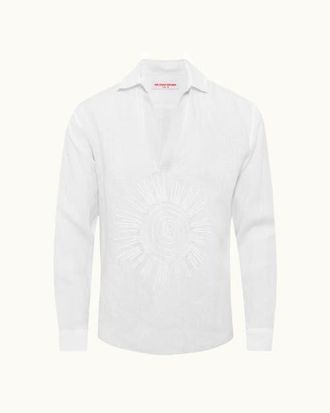 Orlebar Brown Ridley Embroidery Relaxed Fit Linen Sunshine Embroidery Shirt in White at Nordstrom, Size X-Large