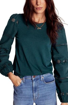 Boden Millie Lace Inset Balloon Sleeve Top in Midnight Teal at Nordstrom, Size 4