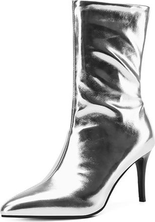 Generic Womens Fashion Metallic Pointed Toe Stiletto High Heels Pumps Shoes Side Zipper Winter Party Wedding Dress Shoes (7.5,Silver)