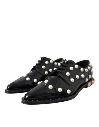 Dolce & Gabbana Womens Black Leather Faux Pearl Dress Brogue Shoes Calf Goat