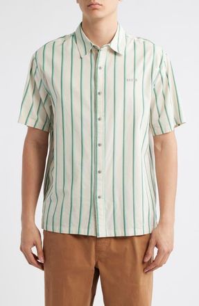 Brixton Cru Oxford Stripe Short Sleeve Cotton Blend Button-Up Shirt in Beige/pine Needle/green at Nordstrom, Size X-Large