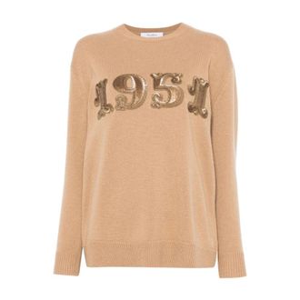 Max Mara Camelbruine trui van wol-cashmere met paillettendetails - Dames - Ronde hals truien - Bruin - XS - Wol - Truien & Vesten