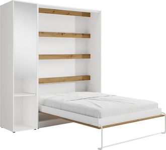 Vente-Unique Cama abatible vertical 140 x 200 cm - 1 columna de almacenamiento - Con espejo y LEDs - Blanco y natural - RAPILI