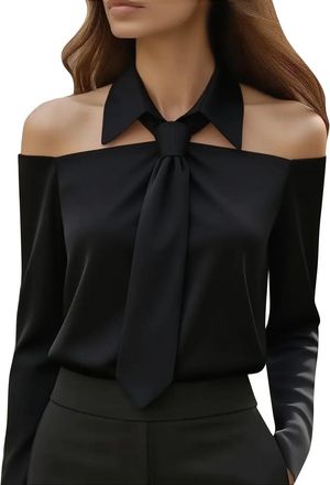 Generic Womens Bow Tie Halter Neck Blouse Long Sleeve Off The Shoulder Work Slim Fit Shirts Office Business Dressy Casual Tops(Black, M)