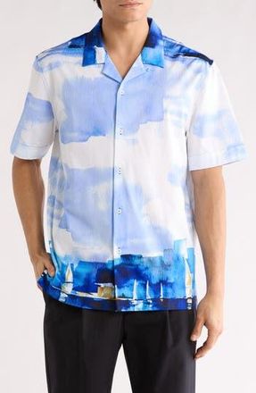Bugatchi Cole OoohCotton Woven Print Short Sleeve Button-Up Shirt in Classic Blue at Nordstrom Rack, Size Xxx-Large