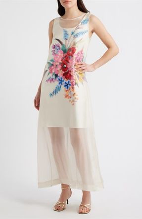 Elie Tahari The Alexis Floral Print Satin Dress in Tiara Garden Print at Nordstrom, Size X-Large