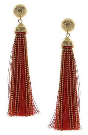 Olivia Welles Cotton & Chain Tassel Drop Earrings in Gold /Coral at Nordstrom Rack