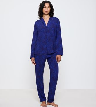 Triumph Pyjama TRIUMPH Boyfriend Fit PW 03, Damen, Gr. 36, blau, Single Jersey, Obermaterial: 100% Viskose, bedruckt, unifarben, bequem lang, V-Ausschnitt, Ho