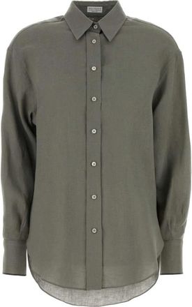 Brunello Cucinelli Linnen Overhemd met Monili - Dames - Overhemden - Groen - XL - Linnen - Overhemden