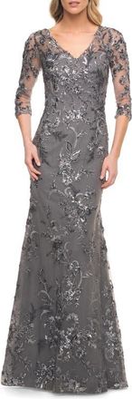La Femme Beaded Lace Mermaid Gown in Gunmetal at Nordstrom, Size 10