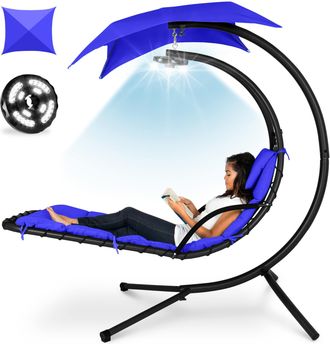 Best Choice Products Hanging LED-Lit Curved Chaise Lounge Chair for Backyard, Patio w/ Pillow, Canopy, Stand