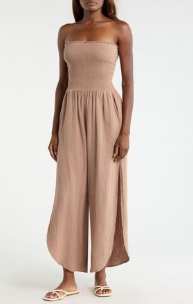 Elan Strapless Smocked Bodice Cotton Gauze Cover-Up Jumpsuit in Taupe at Nordstrom, Size Large