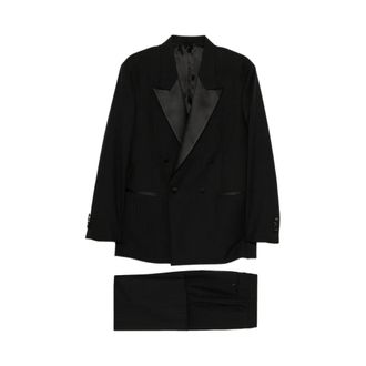 Reveres 1949 Double Breasted Suits, male, Black, Size: XL Shawl-Lapel Striped Double-Breasted Suit