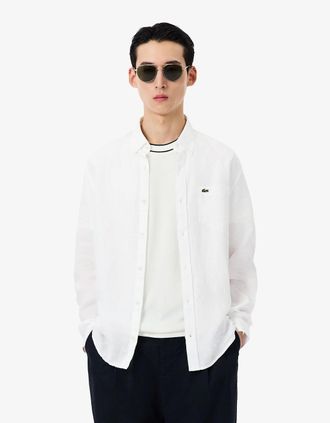 Lacoste Mens Lacoste Regular Fit Long Sleeve Mens Linen Shirt - White 001 - Size: 40/Regular