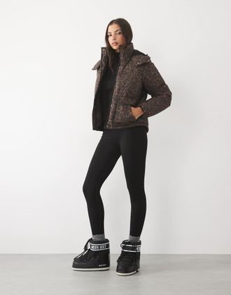 Threadbare giacca da sci imbottita con cappuccio e stampa leopardata-Marrone