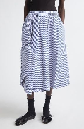 Comme Des Gar&ccedil;ons Stripe Asymmetric Cotton Midi Skirt in White/Blue at Nordstrom, Size Medium