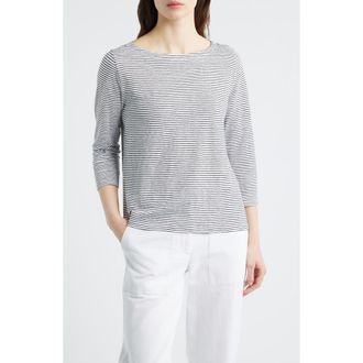 Eileen Fisher Stripe Bateau Neck Organic Linen Top in White/Black at Nordstrom, Size Xx-Small