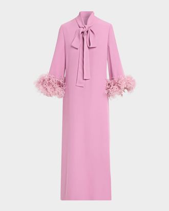 Valentino Garavani Feather-Trim Silk Crepe Long-Sleeve Midi Dress With Neck Scarf