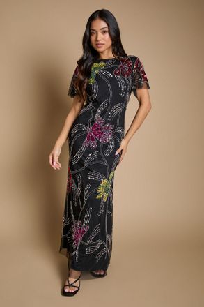 Oasis Womens Petite Fan Floral Embellished Angel Sleeve Maxi Dress - Black - Size 14 UK