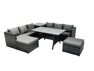 Fimous Outdoor Dining Table Sofa Set with Side Table Big Footstool in Dark Grey