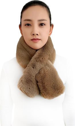 Lina & Lily Faux Fur Pull-Through Womens Winter Collar Scarf Neck Warmer Rectangle Fluffy (Khaki)
