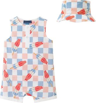Andy & Evan Print Sleeveless Romper & Bucket Hat Set in White at Nordstrom, Size 9-12M