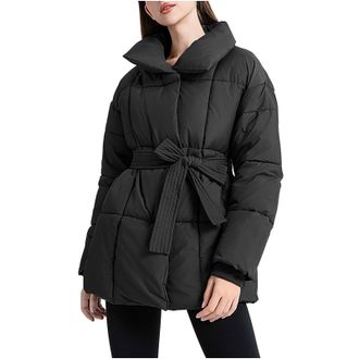 Generic Winter Coats For Women Uk, Womens Winter Warm Quilted Jacket Mid Length Zip Up Padded Puffer Coat Belted Slim Thicken Lapel Down Outerwear