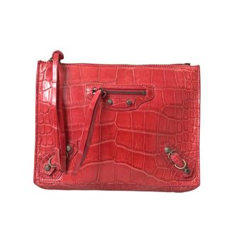Balenciaga Red Exotic Skin Leather Classic Pouch Purse Wristlet Bag Alligatorskin