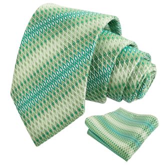 Alizeal Mens Regular Geometric Necktie and Pocket Square for Wedding Holiday Party Tie Set, Green+Mint