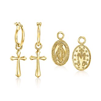 Ross-Simons Italian 18kt Gold Over Sterling Jewelry Set: Hoop Earrings and 2 Pairs Of Interchangeable Religious Drops