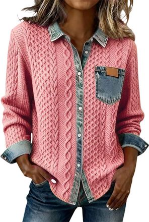 Generic Denim Sweater for Women Collar Button Up Patchwork Denim Pullover Shirt Vintage Waffle Knit Jean Sweater Casual Wear Blouses Casual Long Sleeve Jumper