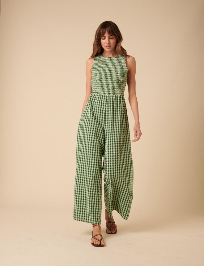 Green Gingham Shirred Ruth Jumpsuit
