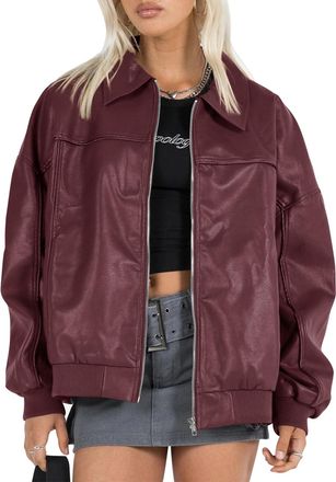 Generic Womens Faux Leather Jackets Oversized Bomber Casual Fall Fashion Zip Up Moto Biker Coats (Burgundy,M)
