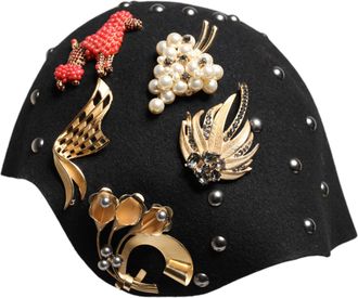 Dolce & Gabbana Zwarte Wol Multicolor Versierde Cloche Hoed