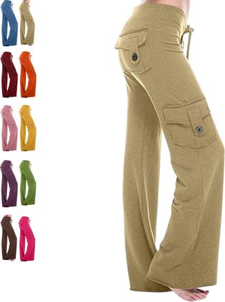 Generic Womens Cargo Wide Leg Yoga Pants Plus Size Flare Leggings with Pockets, High Waisted Lounge Sweatpants (Khaki,XS)