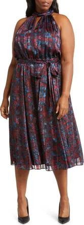 Anne Klein Floral Twist Neck Keyhole Midi Dress in Titian Red /Juniper Multi at Nordstrom, Size 22W