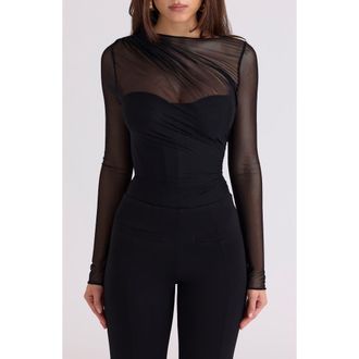 House of CB Orelia Draped Mesh Bodysuit in Black at Nordstrom, Size X-Small A
